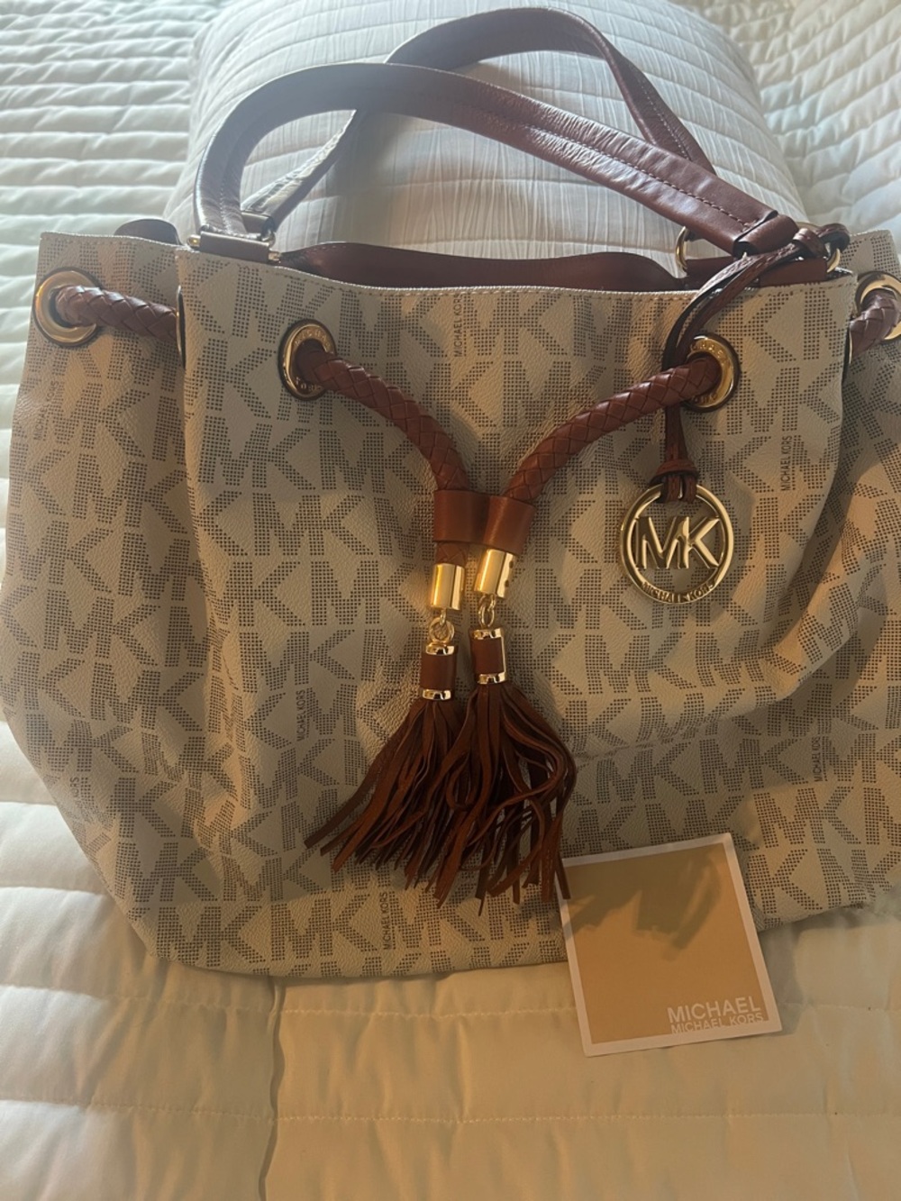 Michael Kors Beige and Brown MK Logo Tote with Tassel Charm
